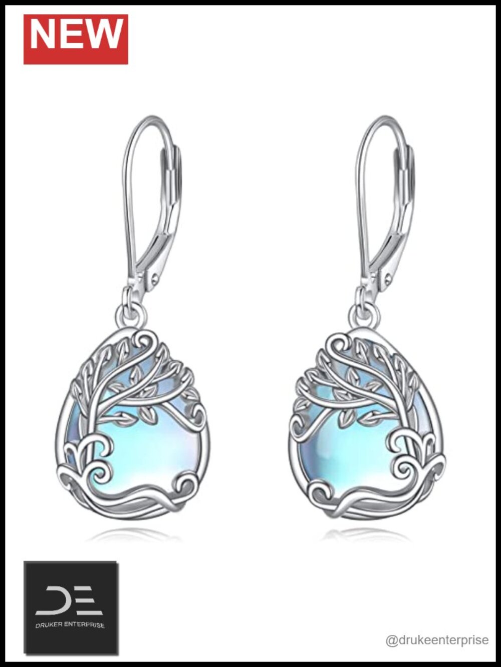 925 Sterling Silver Moonstone Teardrop Earrings Leverback Tree of Life Dangle